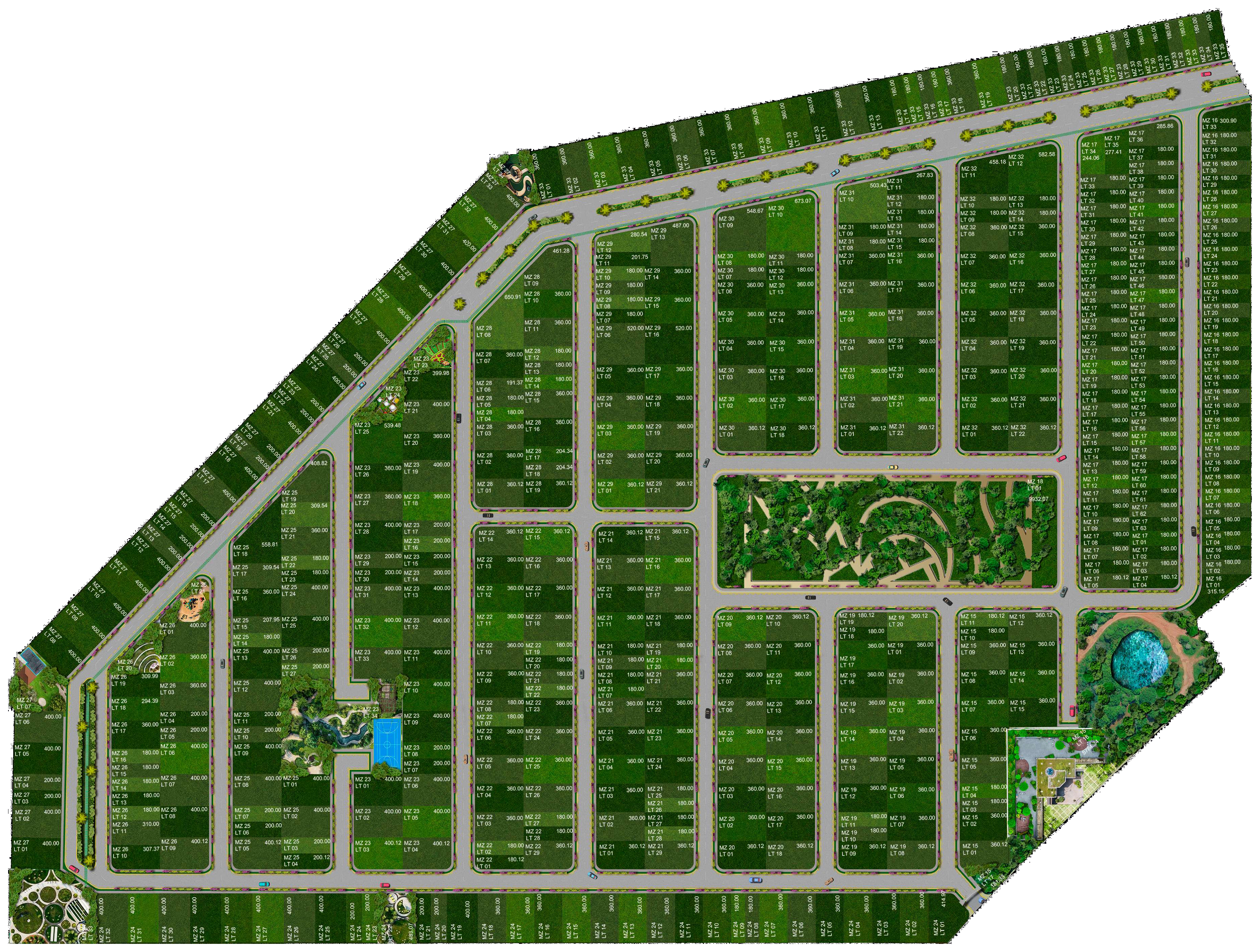 Master plan de Mayahual con la distribución de lotes, vialidades y áreas verdes